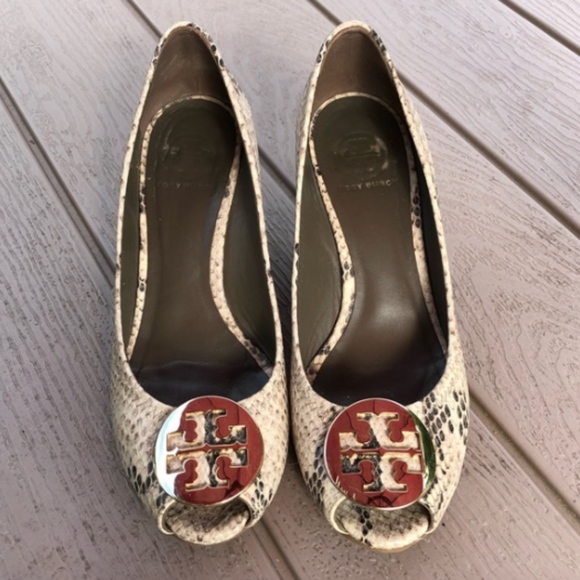 Tory Burch Shoes - Tory Burch Sally Peep Toe Wedges in Python - Sz 8